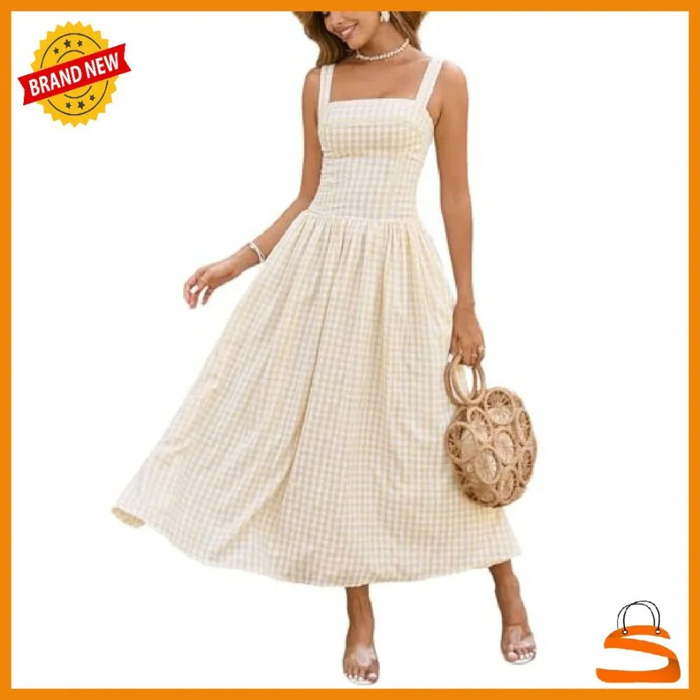 Summer Corset Midi Dress Flowy Square Neck Sleeveless with Pockets - Picture 2 of 8